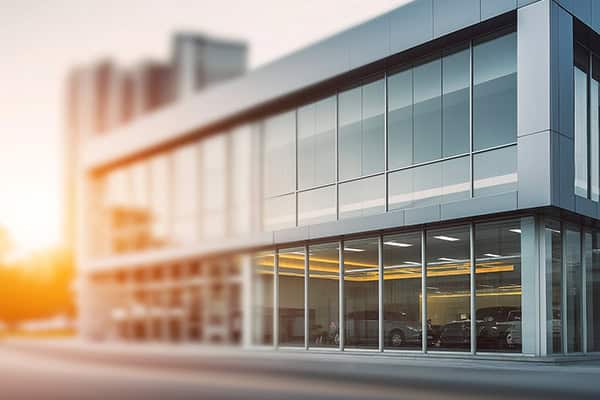 Modern Swiss car dealership with glass facade and vehicle exhibition. With building automation.