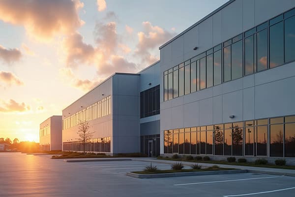 Commercial property with modern architecture and large windows, for companies and offices. With building automation.