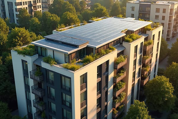 Hochwertiges Wohngebäude mit Solaranlage und begrünten Balkonen.